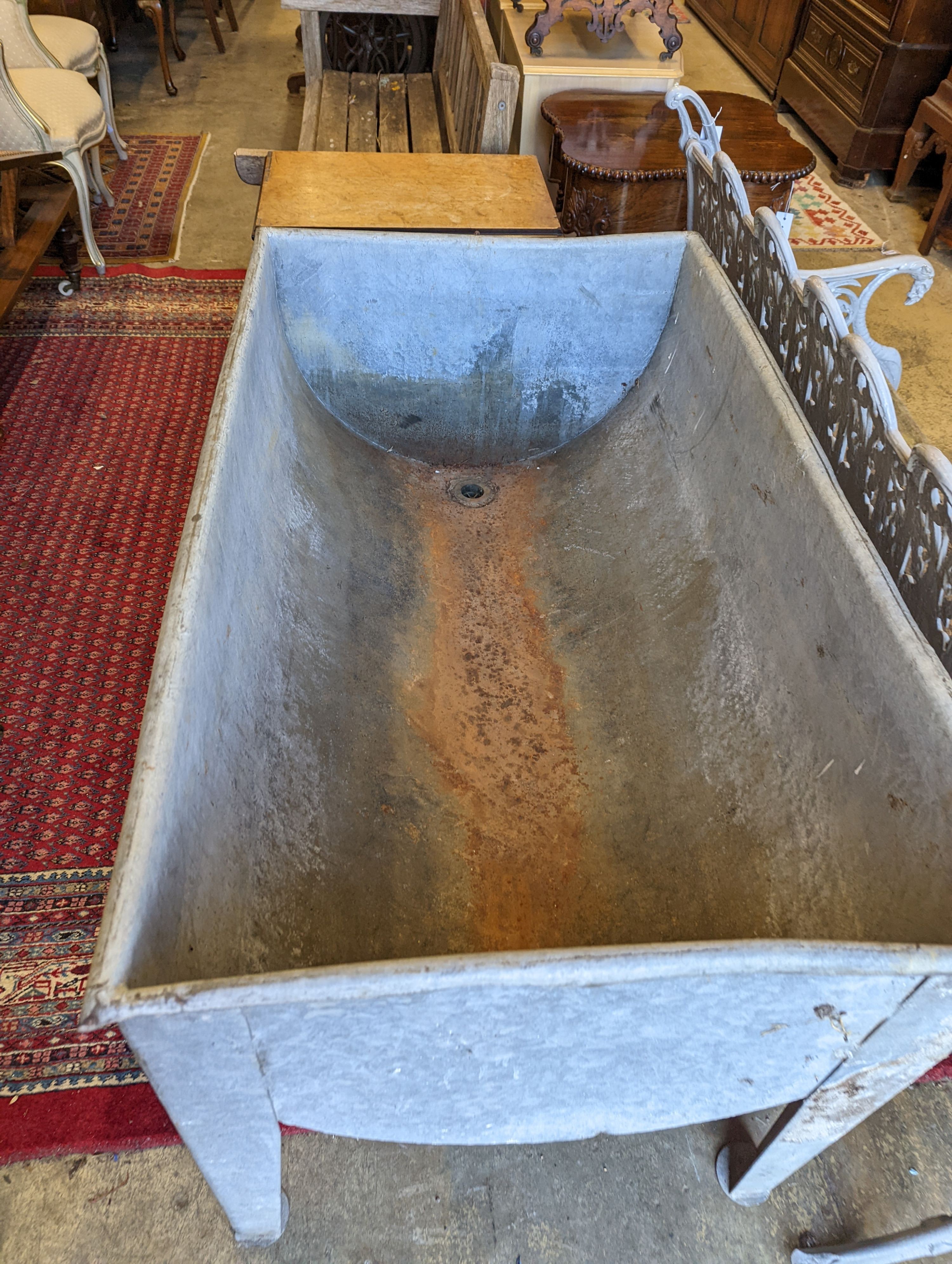 A large galvanised trough, width 126cm, depth 74cm, height 76cm